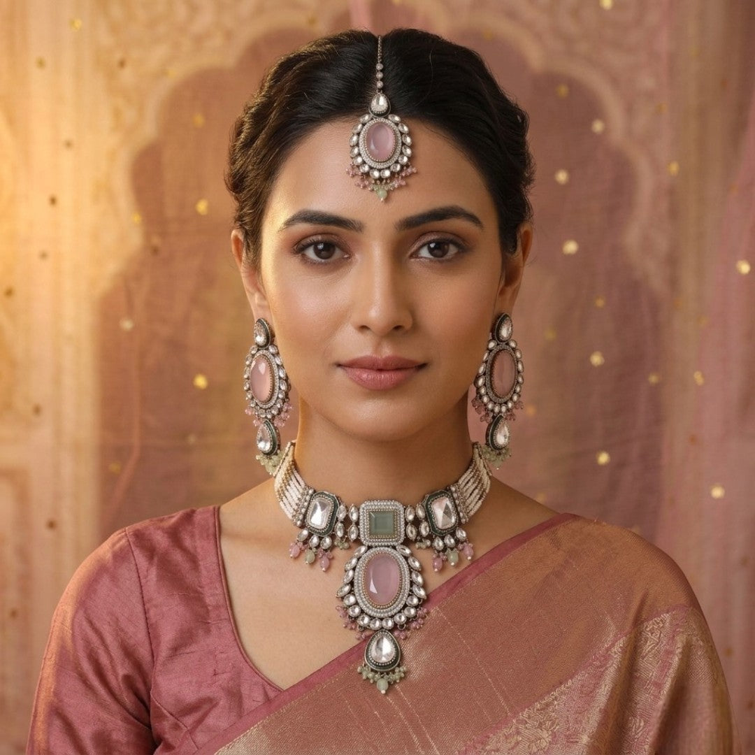 Kundan Halskette mit Ohrringe & Tikka - gold | rosa, grün