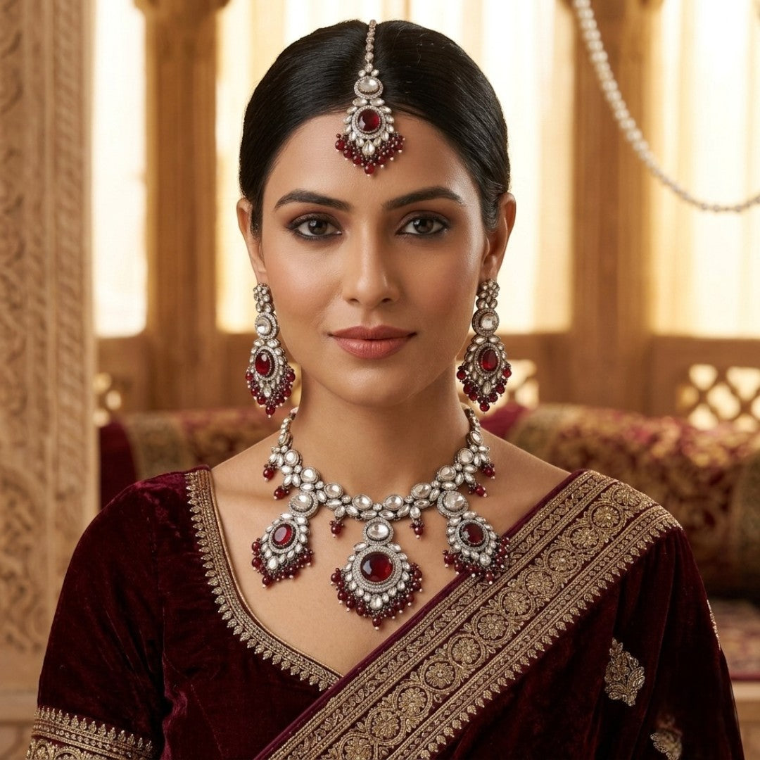 Kundan Halskette mit Ohrringe & Tikka - gold |  maroon