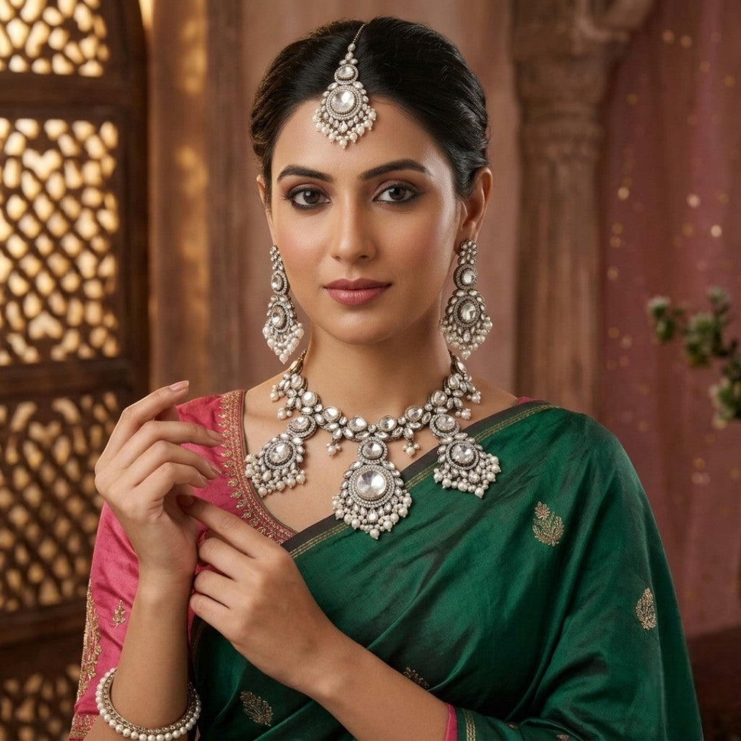 Kundan Halskette mit Ohrringe & Tikka - gold |  weiß