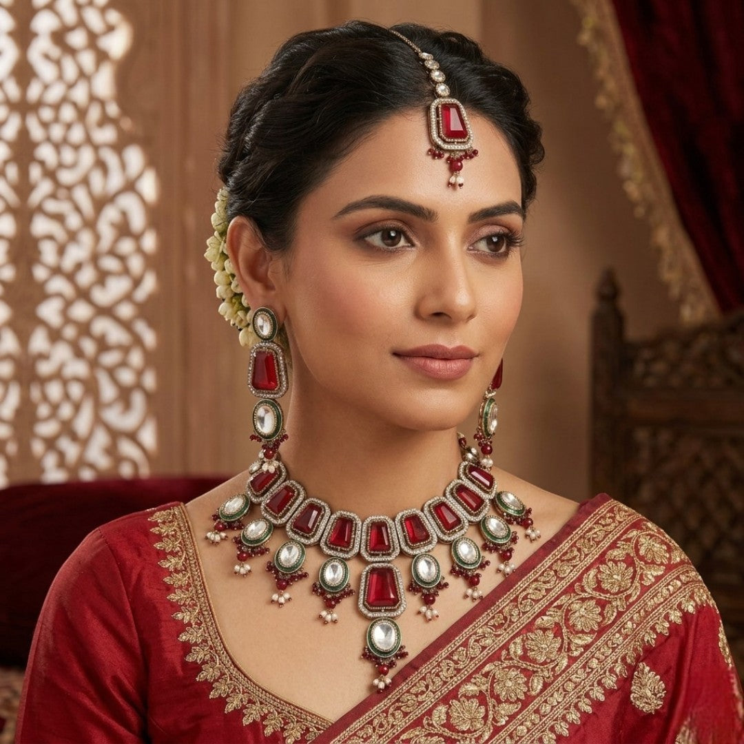 Kundan Halskette mit Ohrringe & Tikka - gold | maroon