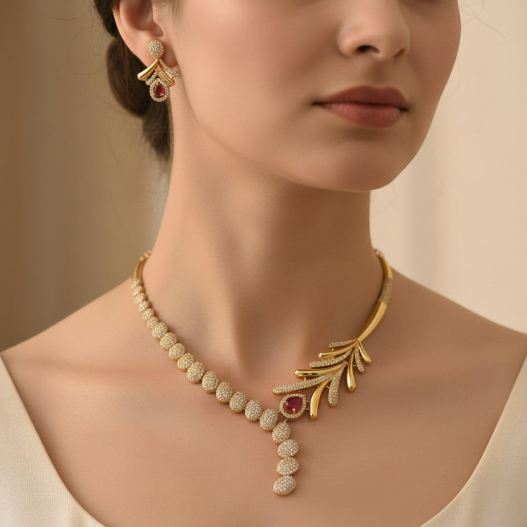 Trendy - Halskette mit Ohrringe - gold | rot