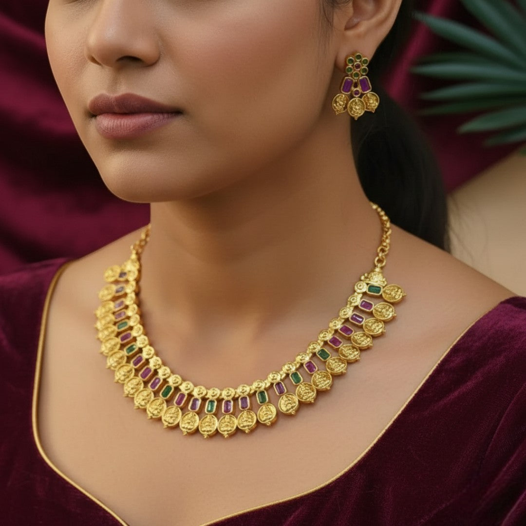 Trendy Halskette mit Ohrringe - gold | Magenta grün
