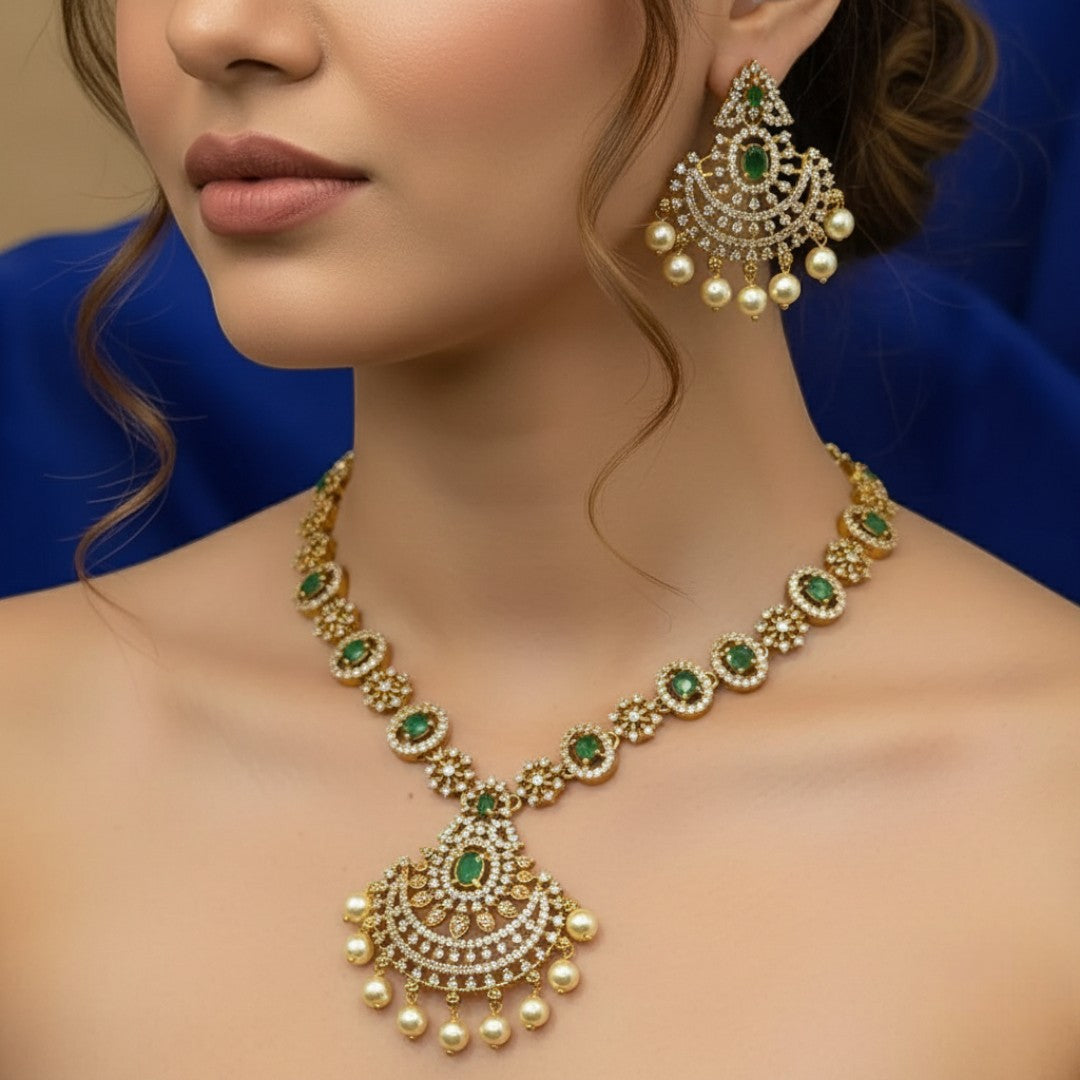 Trendy Halskette mit Ohrringe - gold | grün