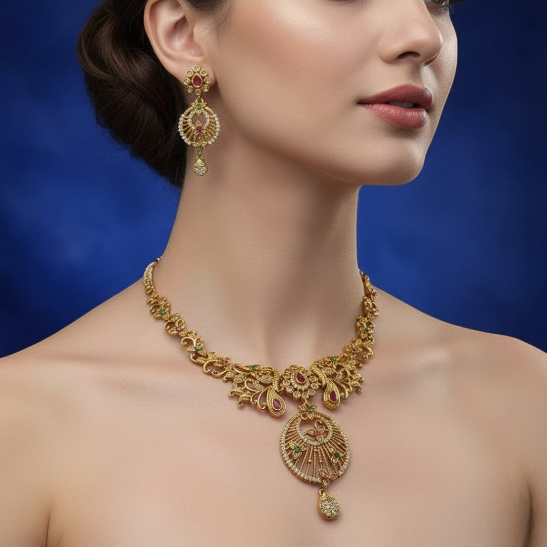 Trendy Halskette mit Ohrringe - gold | grün weiß