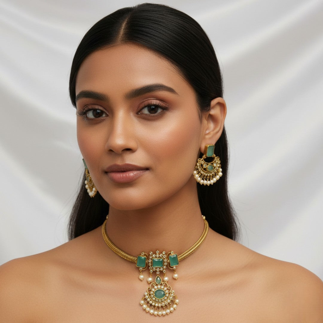 Tempel Choker Halskette gold | mint | mit Ohrringe