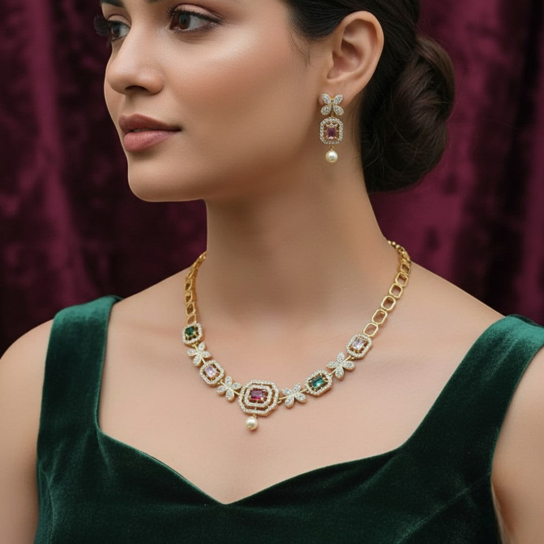 Trendy Halskette mit Ohrringe - gold | Multi Color