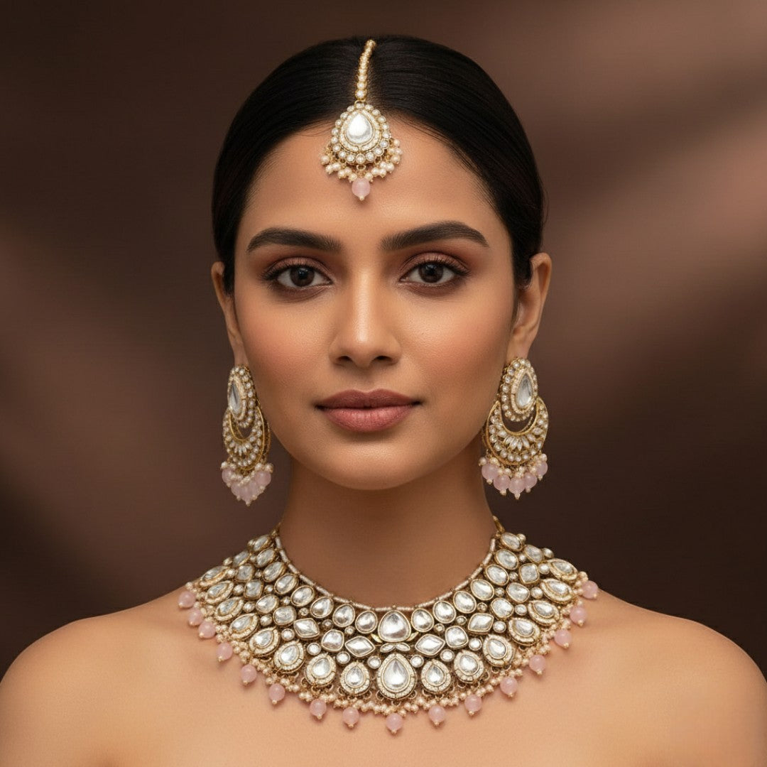Kundan Halskette mit Ohrringe & Tikka - gold |  rosa