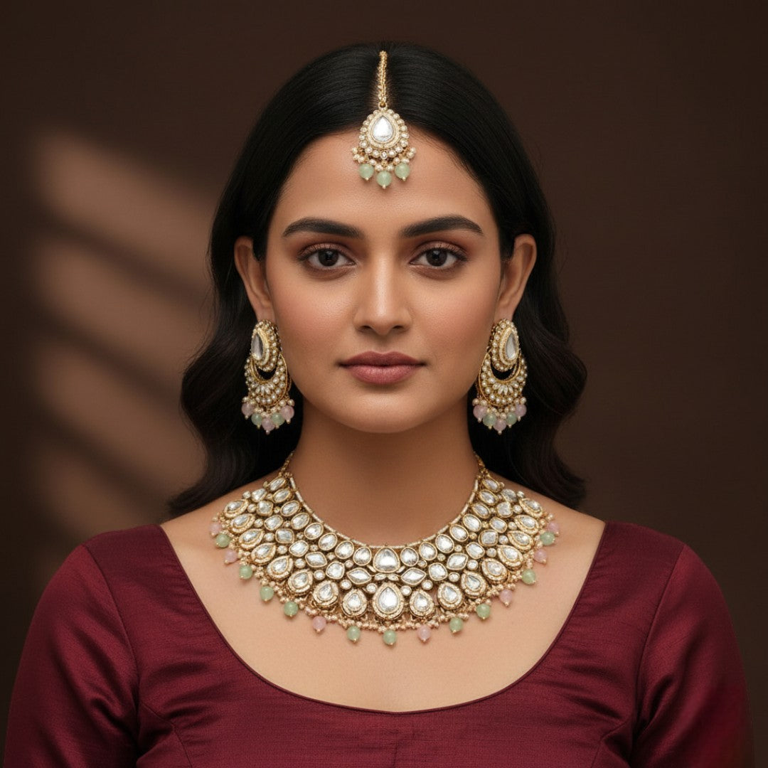Kundan Halskette mit Ohrringe & Tikka - gold |  rosa, mint
