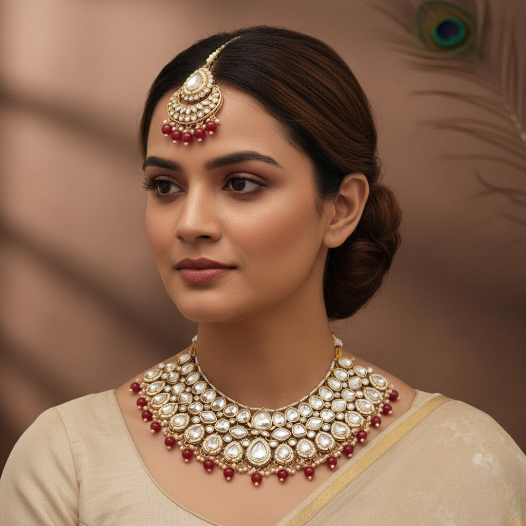 Kundan Halskette mit Ohrringe & Tikka - gold |  maroon