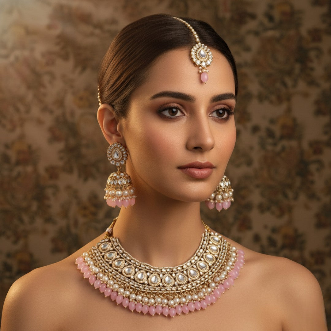 Kundan Halskette mit Ohrringe , Tikka & Passa - gold |  rosa