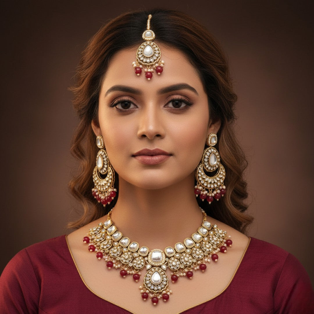 Kundan Halskette mit Ohrringe & Tikka - gold |  maroon