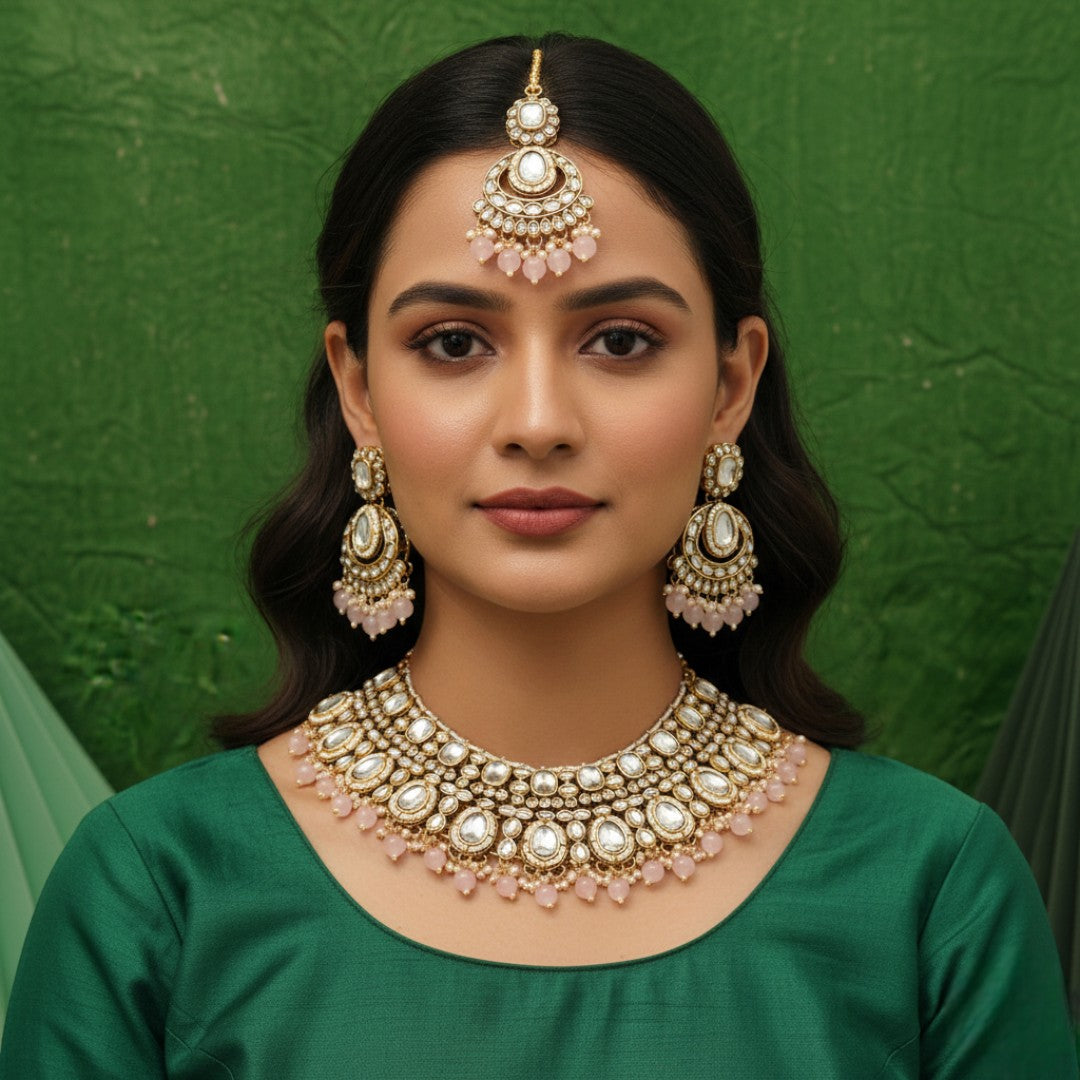 Kundan Halskette mit Ohrringe & Tikka - gold |  rosa