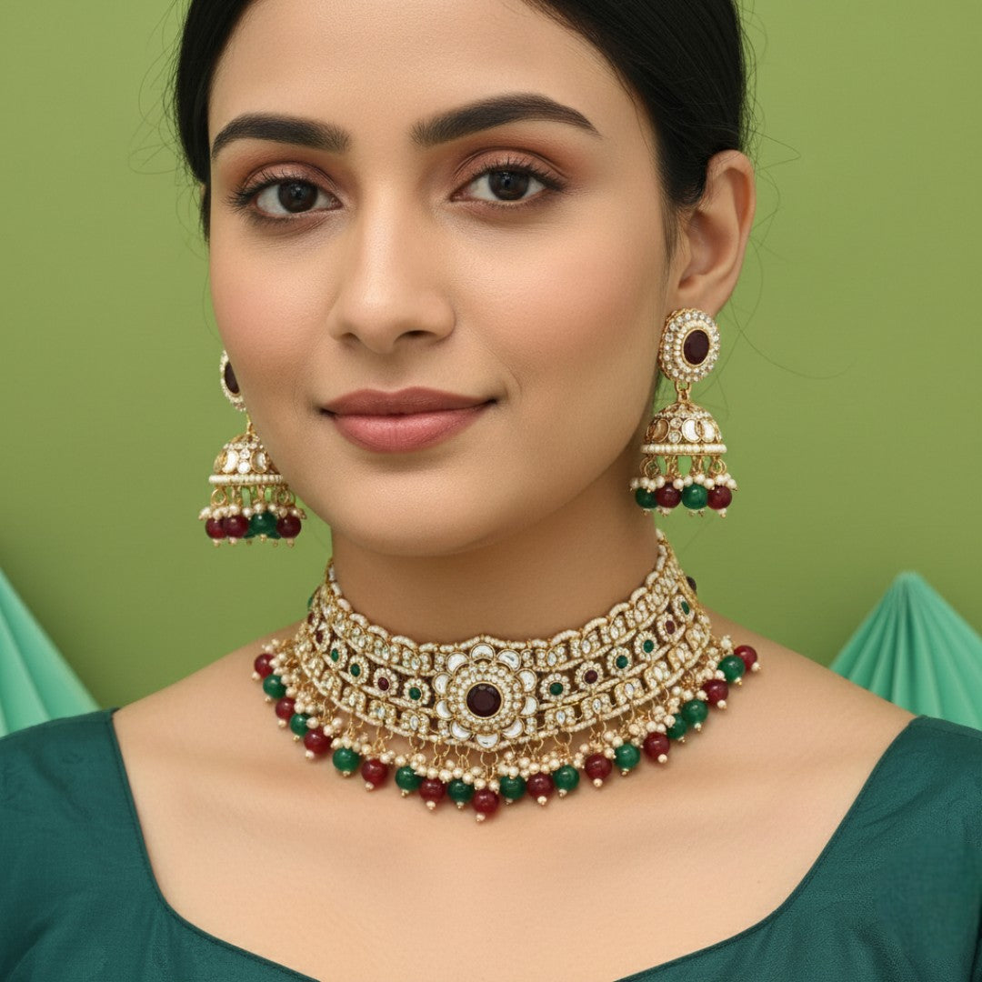 Kundan Choker Halskette mit Ohrringe & Tikka - gold | maroon , grün