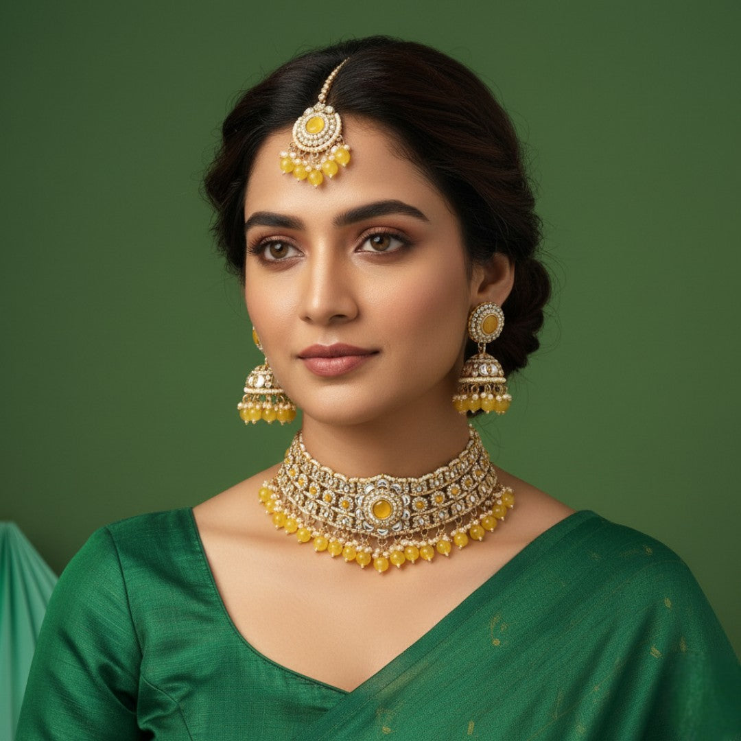 Kundan Choker Halskette mit Ohrringe & Tikka - gold | gelb