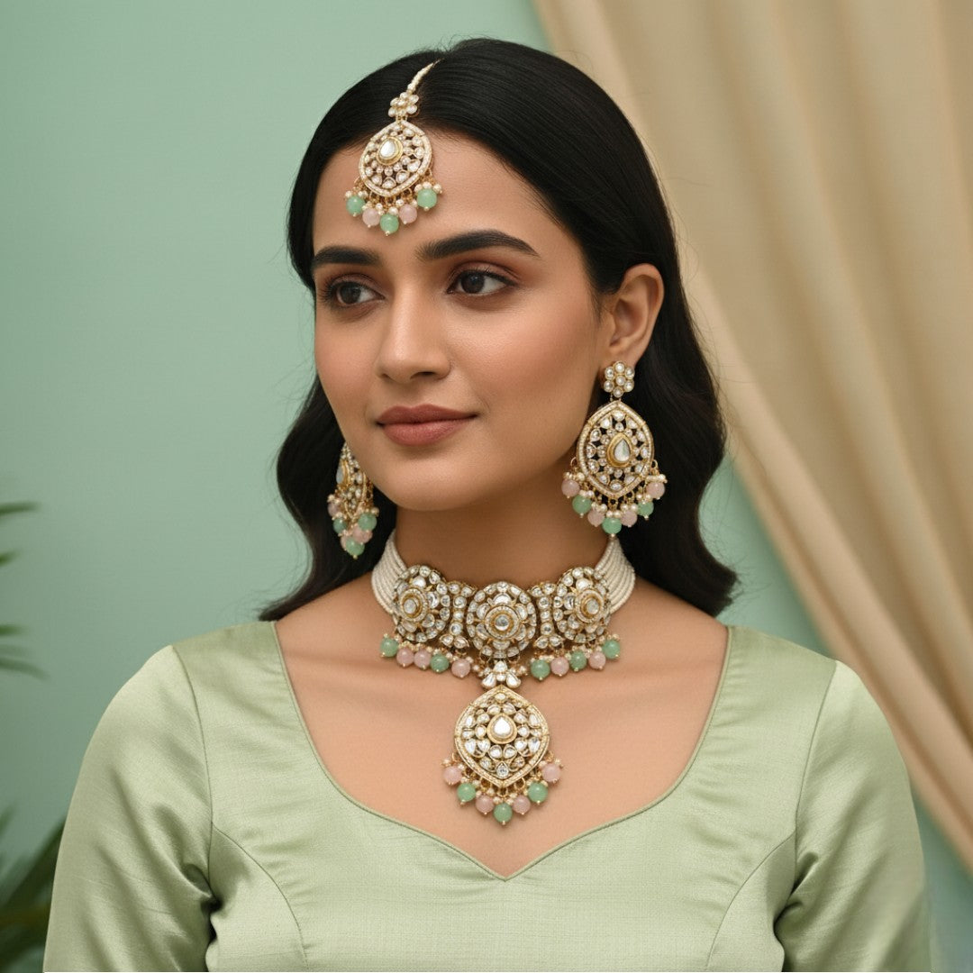 Kundan Choker Halskette mit Ohrringe & Tikka - gold |  rosa , mint
