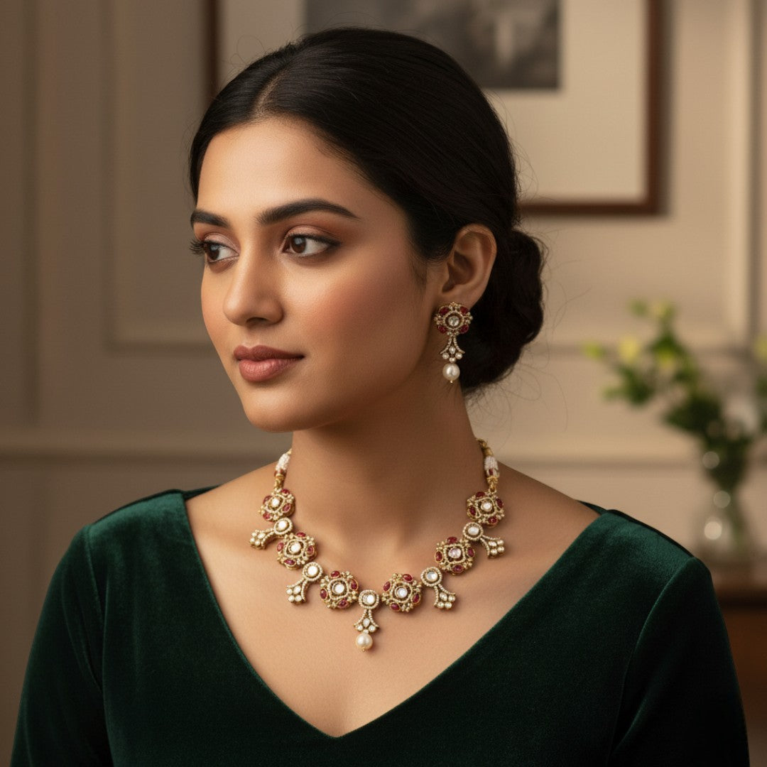 Kundan Halskette mit Ohrringe & Tikka - gold | maroon