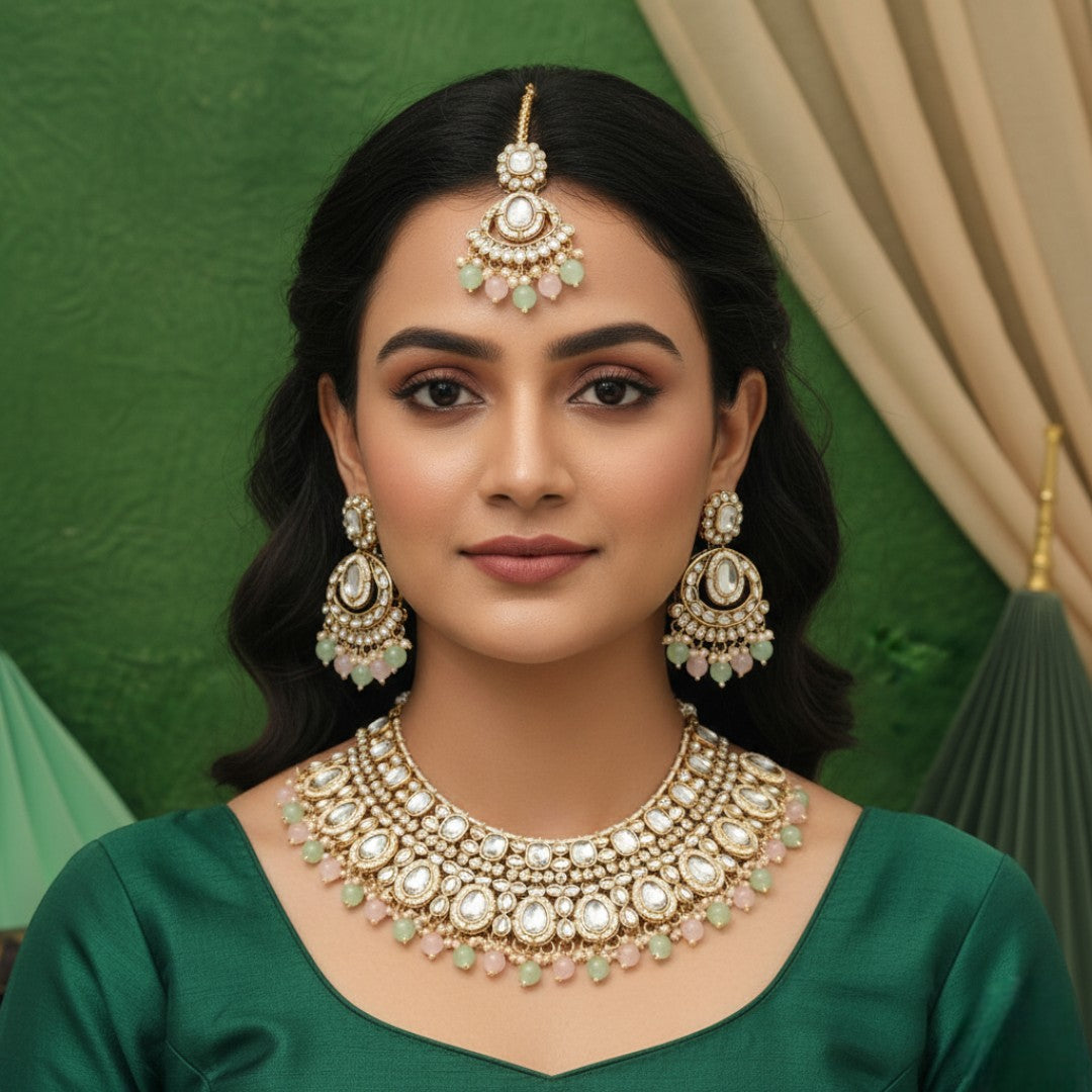 Kundan Halskette mit Ohrringe & Tikka - gold | mint , rosa