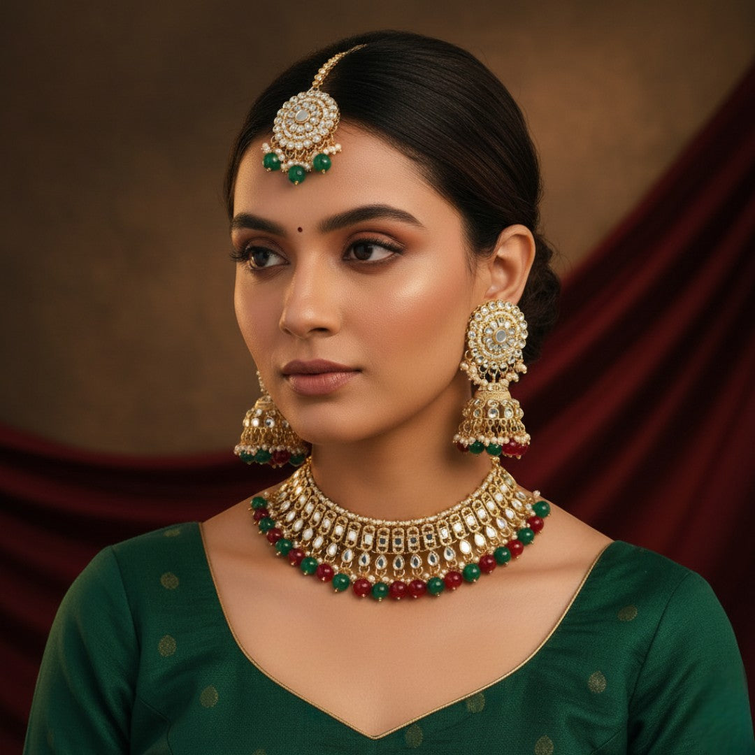 Kundan Choker Halskette mit Ohrringe & Tikka - gold |  grün , maroon