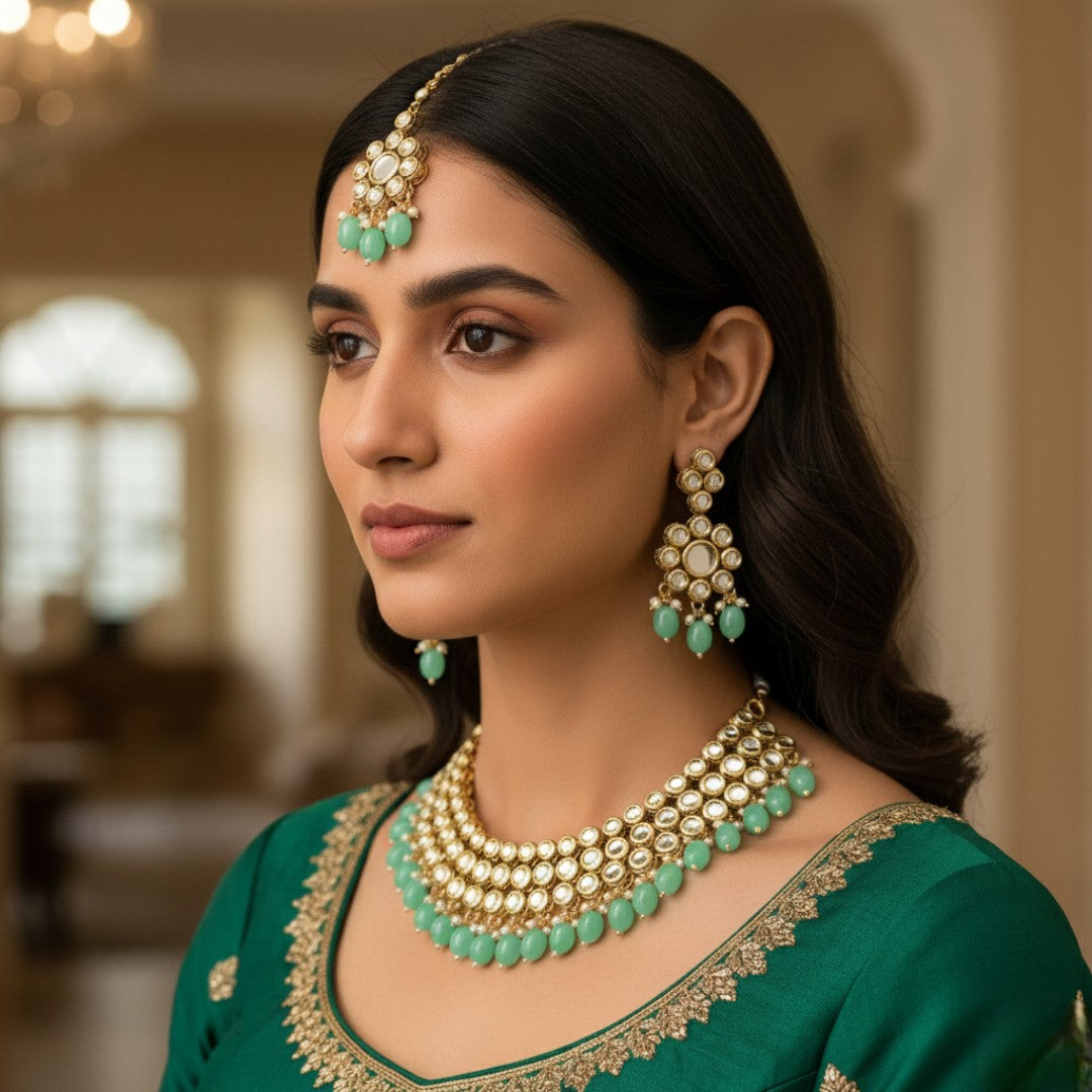 Kundan Halskette mit Ohrringe & Tikka - gold | mint