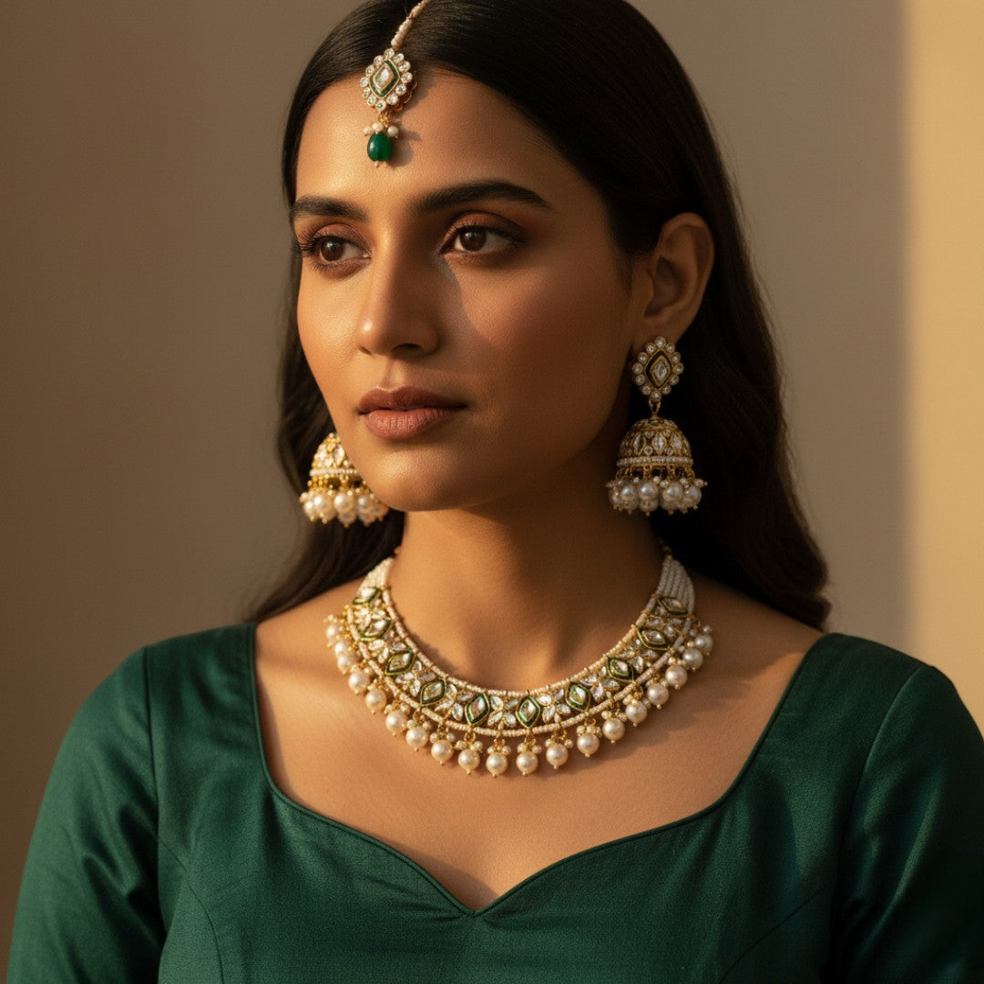 Kundan Choker Halskette mit Ohrringe & Tikka - gold |  weiß