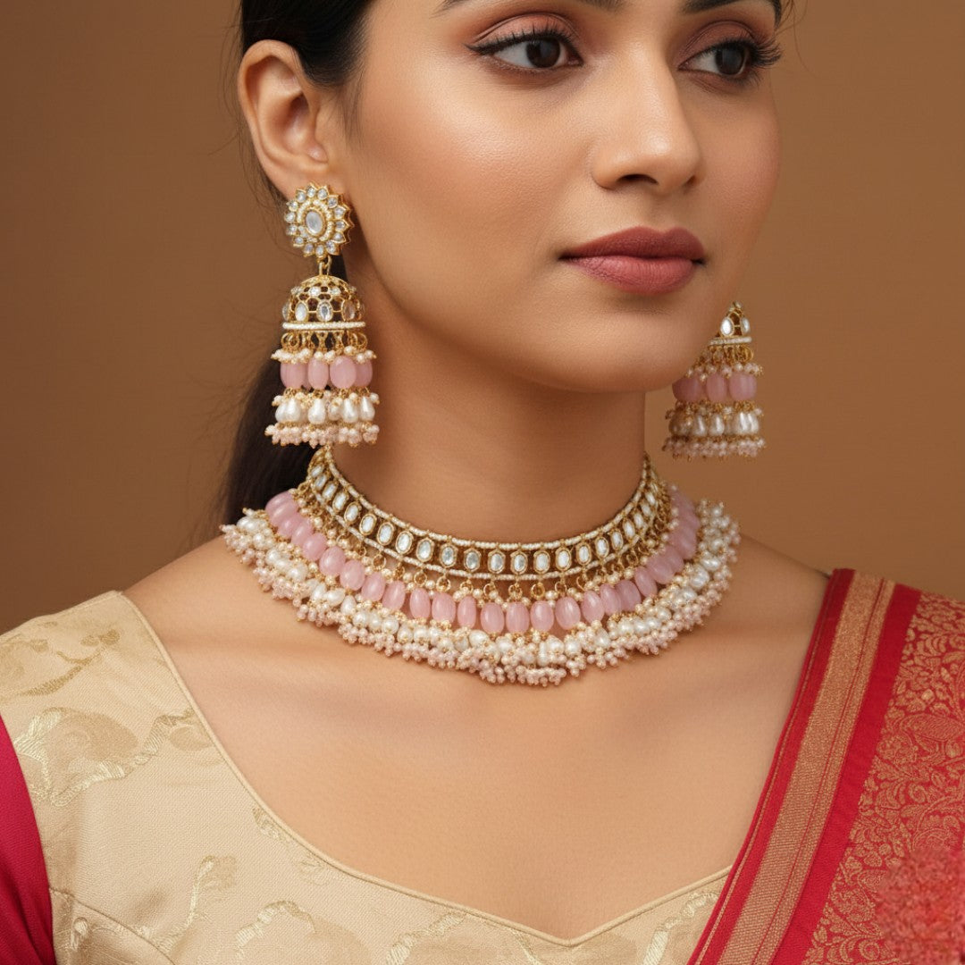 Kundan Choker Halskette mit Ohrringe & Tikka - gold |  Rosa