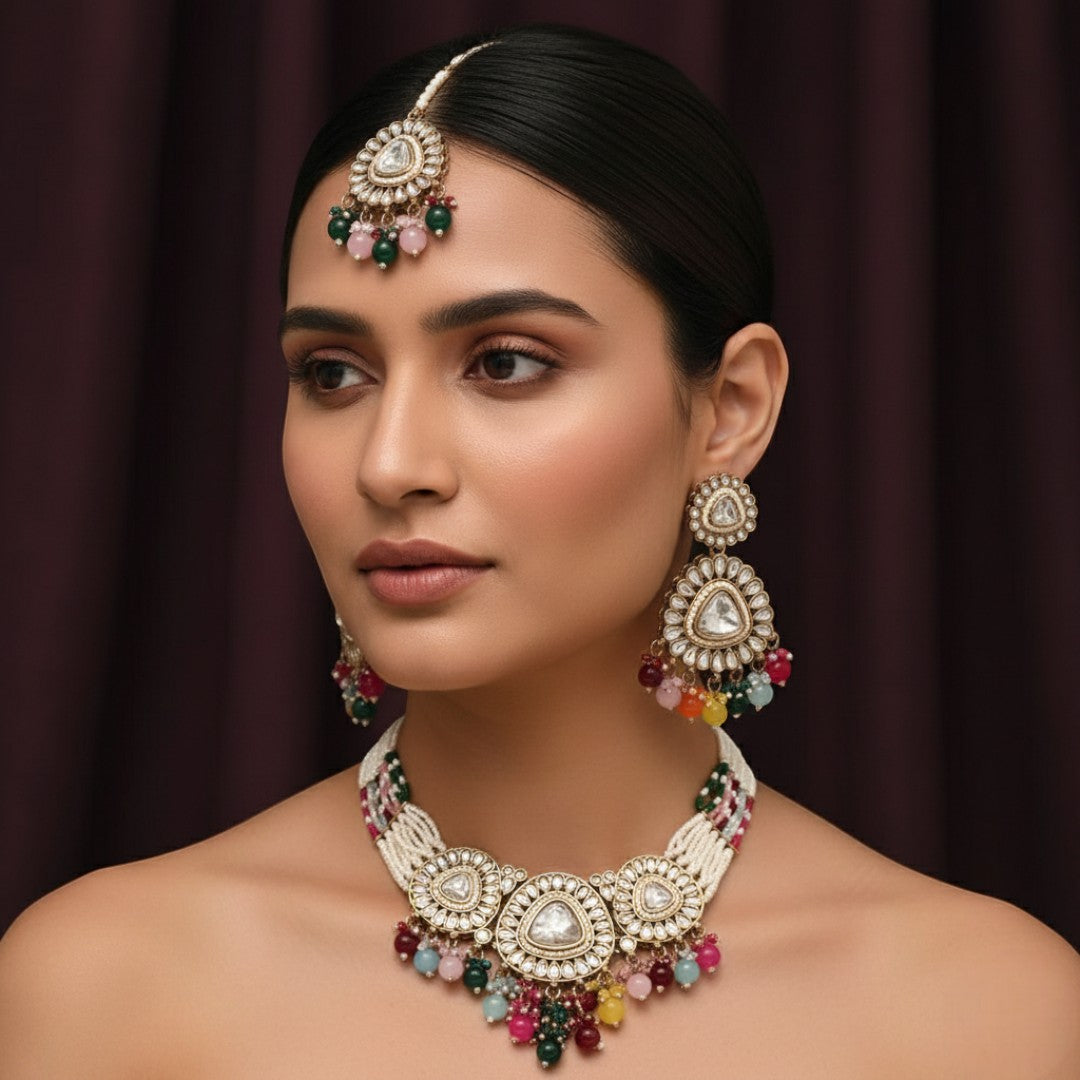 Kundan Halskette mit Ohrringe & Tikka - gold |  multi color