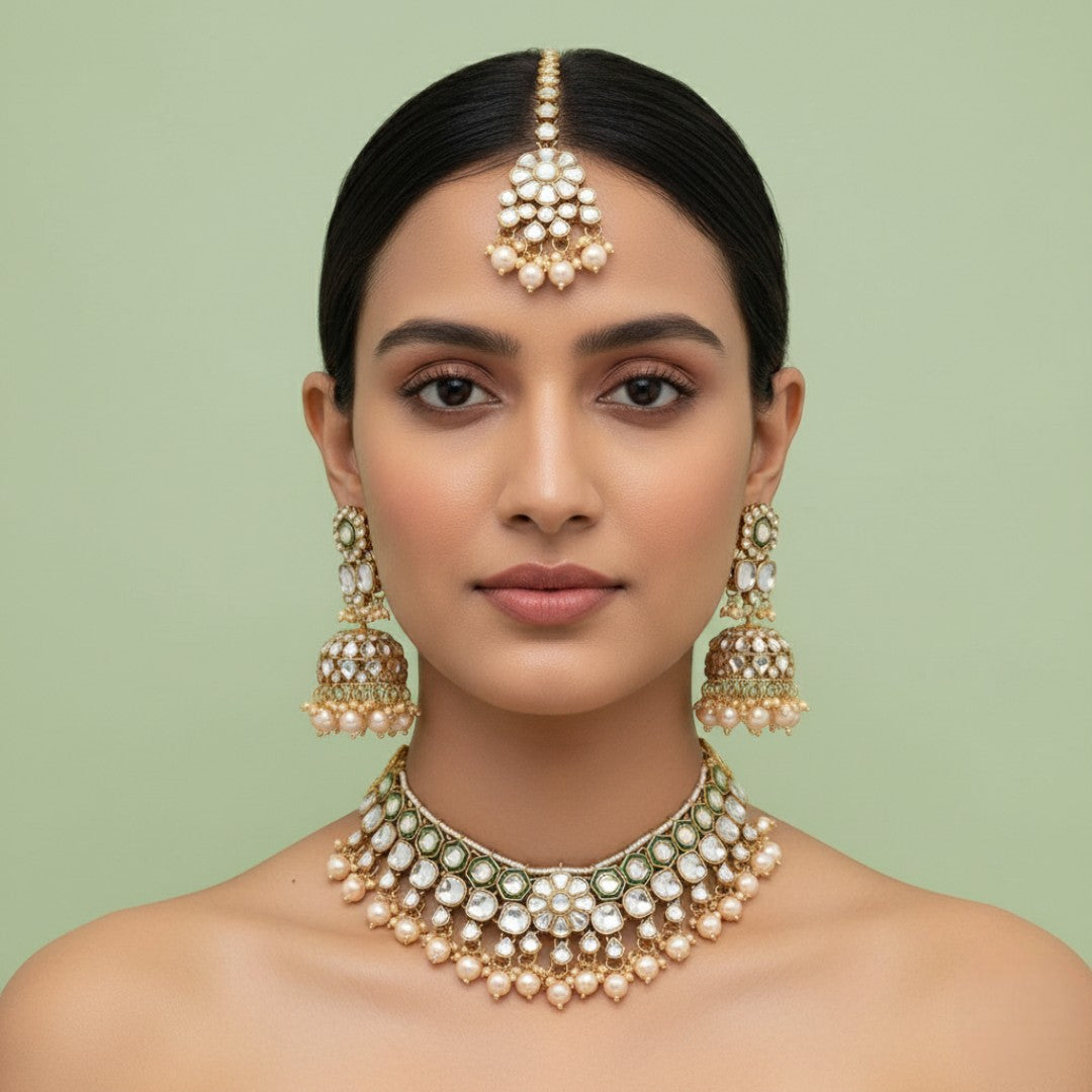 Kundan Halskette mit Ohrringe & Tikka - gold | weiß