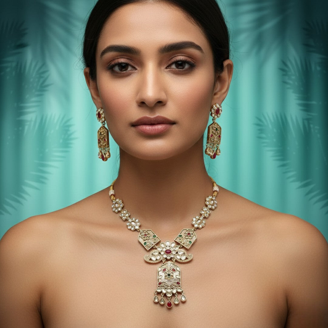Kundan Halskette mit Ohrringe - gold | weiß
