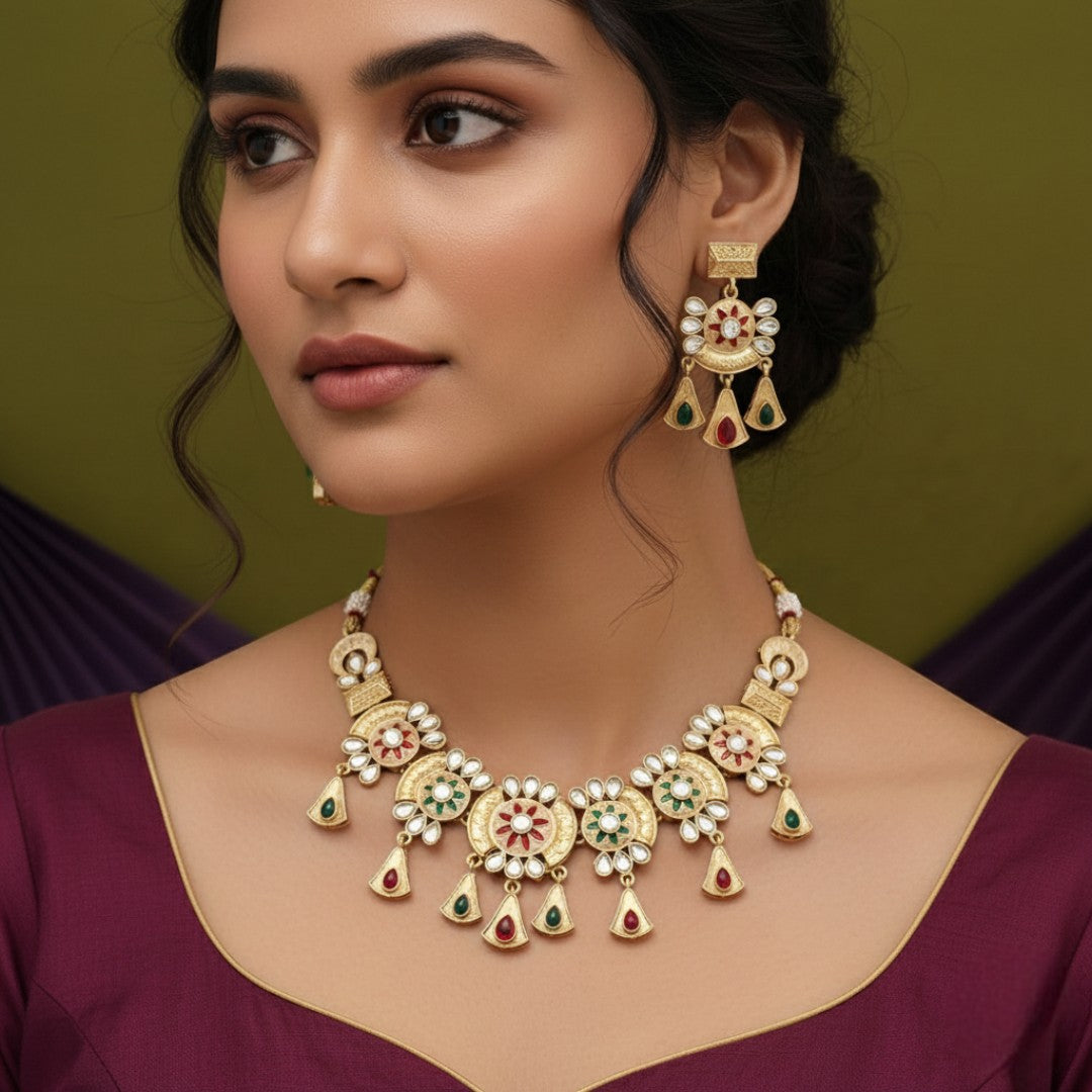 Kundan Antique Halskette mit Ohrringe - gold | weiß