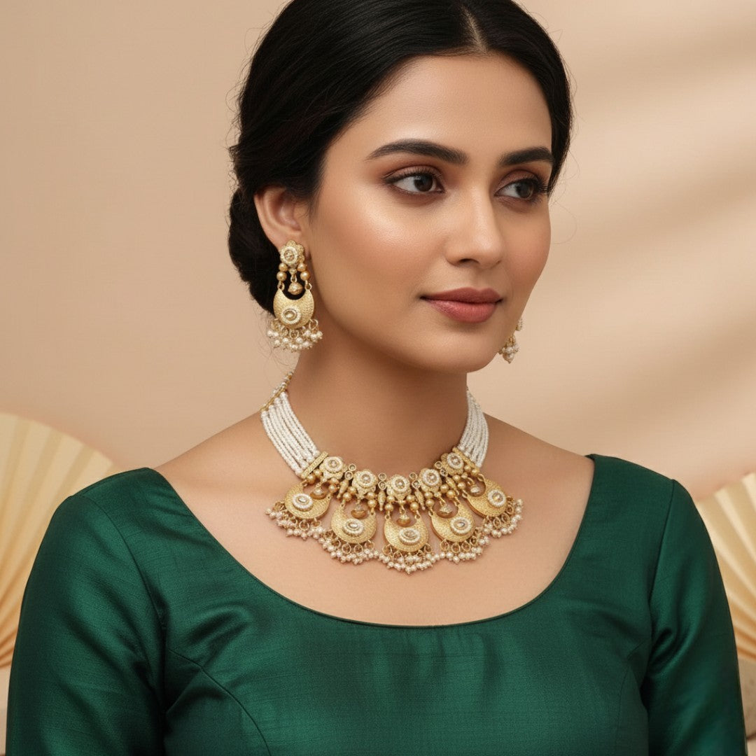 Kundan Antique Halskette mit Ohrringe  - gold | weiß