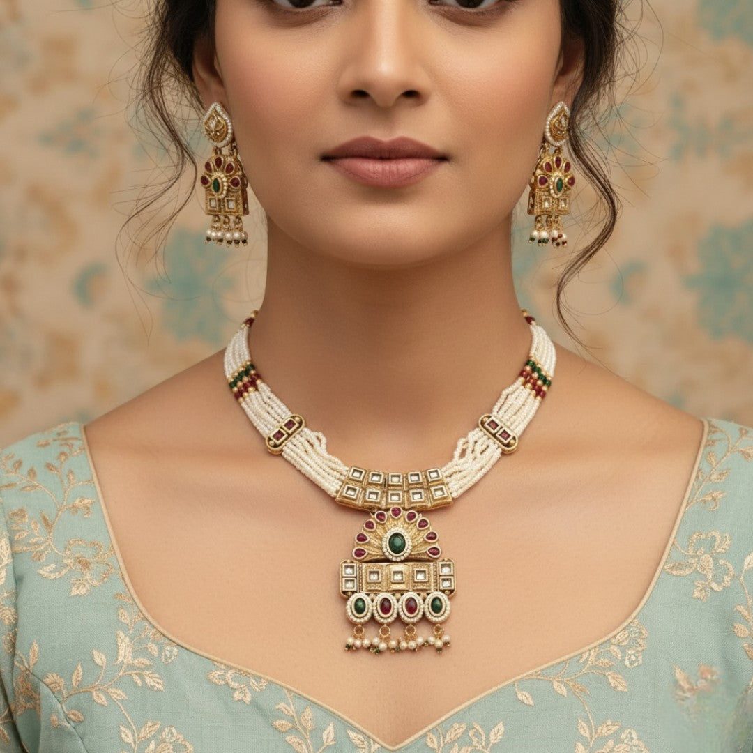 Kundan Antique Halskette mit Ohrringe - gold | weiß