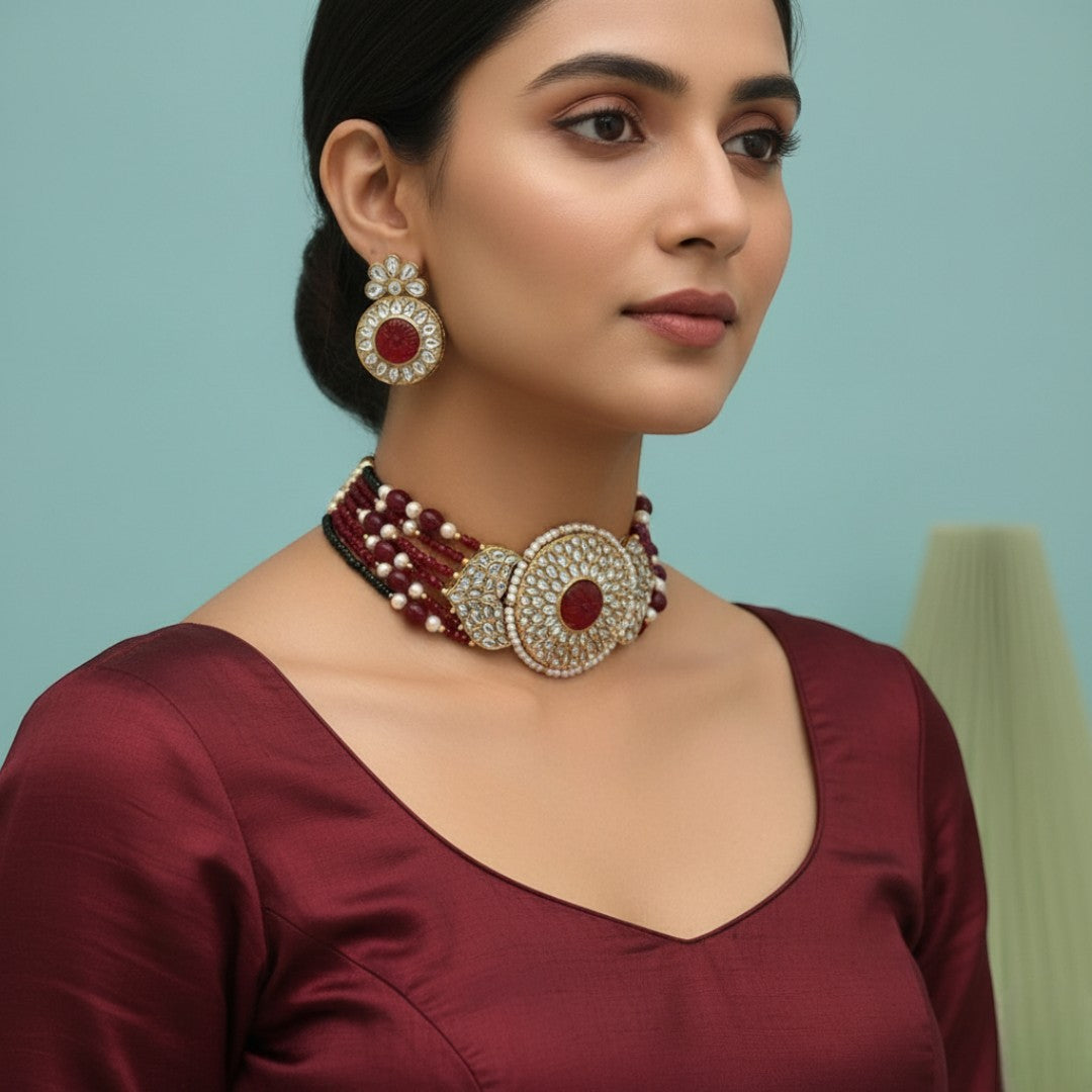Kundan  Choker Halskette mit Ohrringe - Maroon