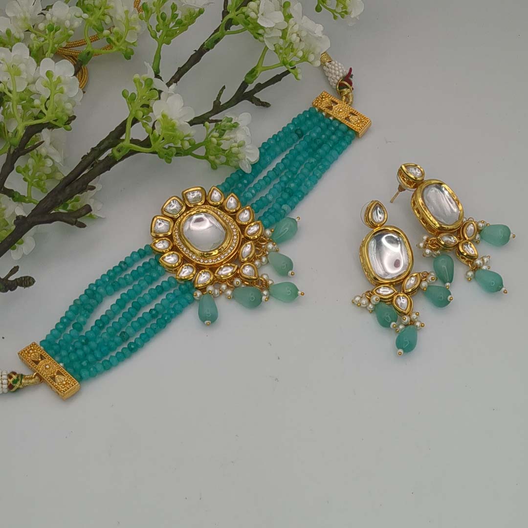 Kundan Choker Halskette Mint| mit Ohrringe