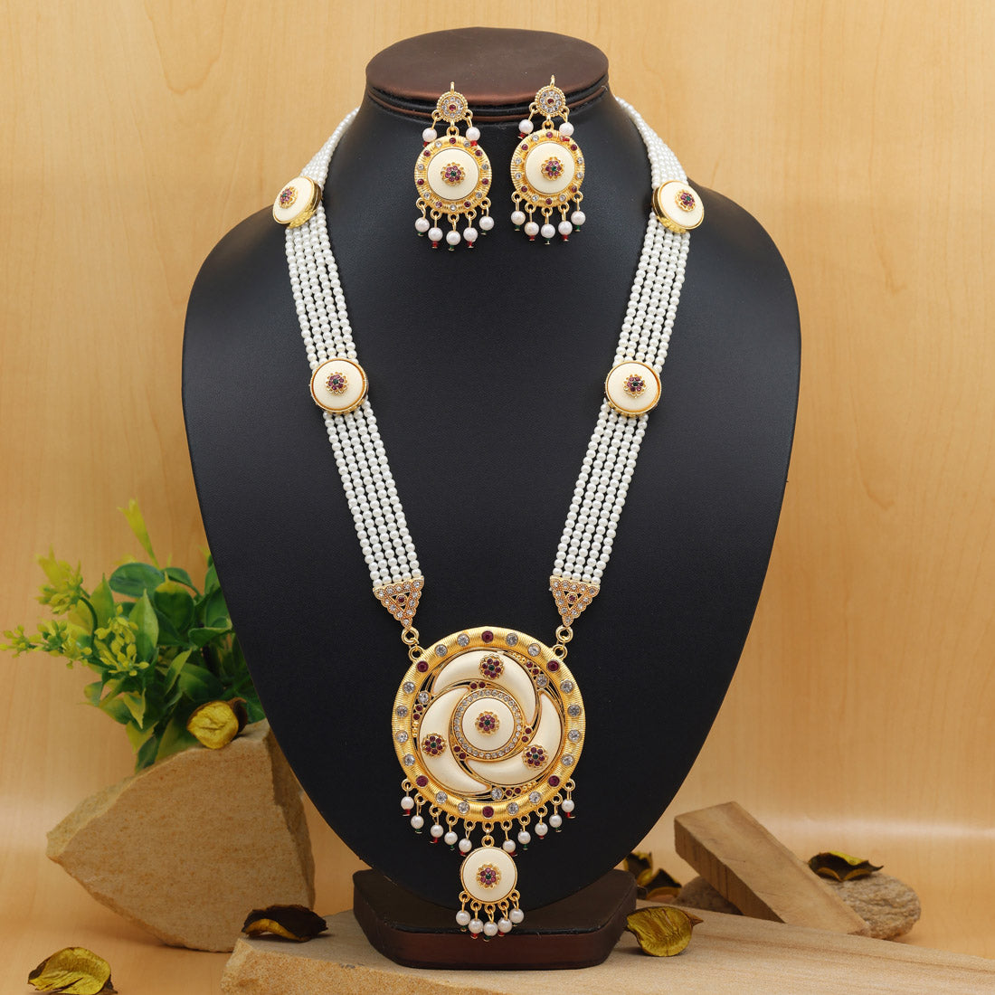 Kundan Kette lang mit Ohrringe - Weiß| Perlen - Lange