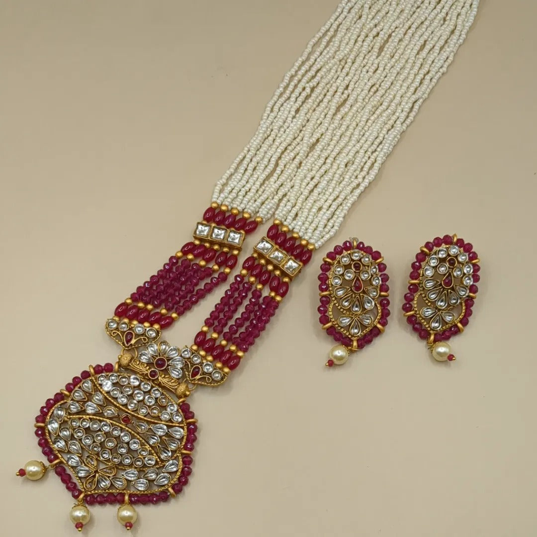 Kundan Rani Haram mit Ohrringe  - gold | weiß, Magenta