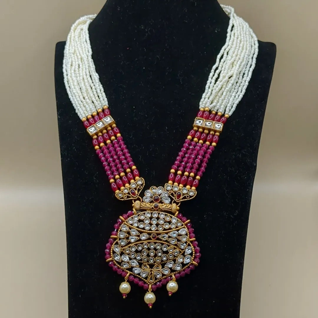 Kundan Rani Haram mit Ohrringe  - gold | weiß, Magenta