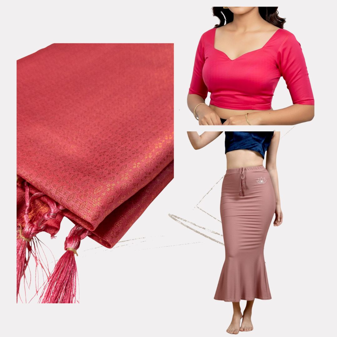 Alles-in-einem Saree Set | Peach– Soft Silk Saree + Blouse + Shapewear