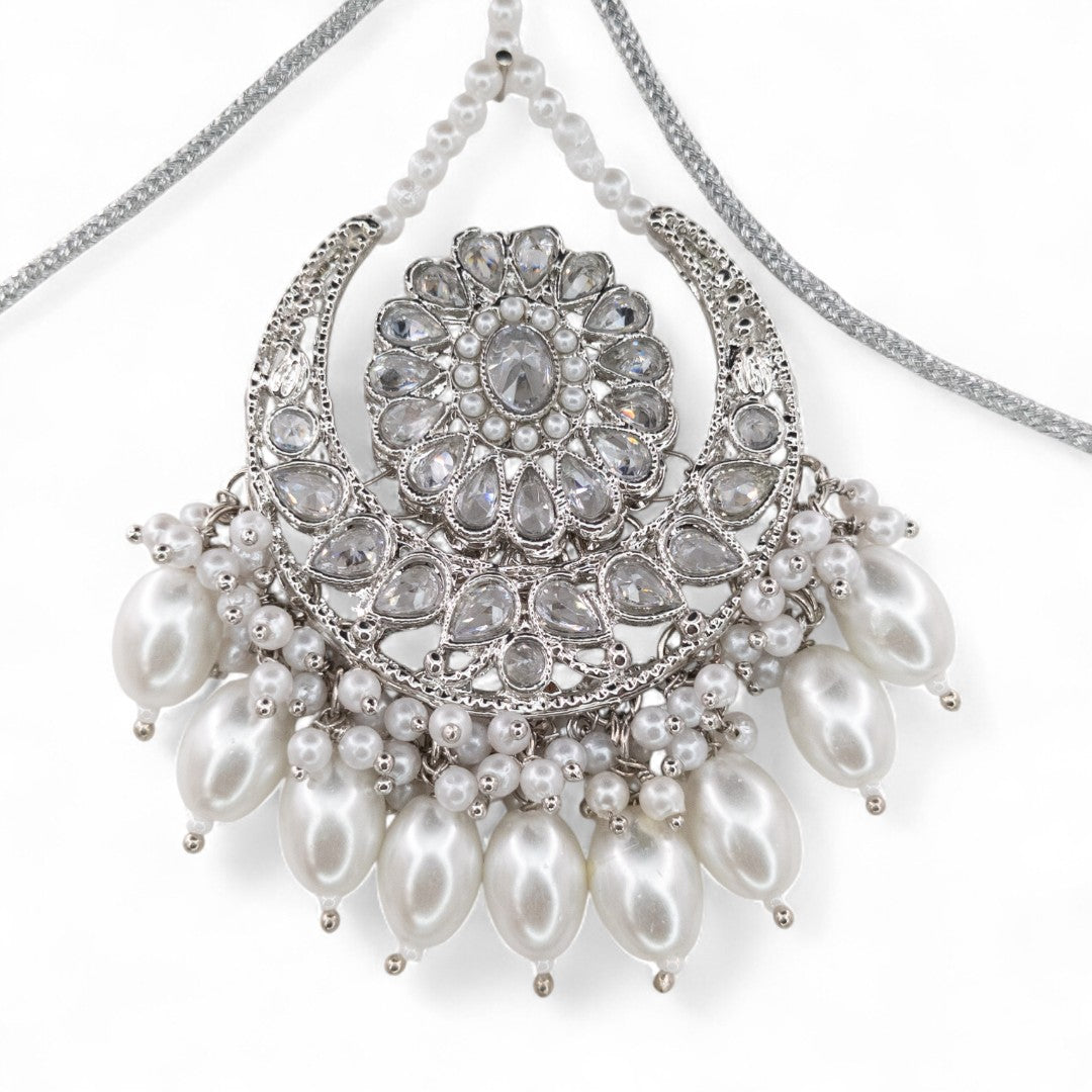 Polki Choker Halskette mit Ohrringe & Tikka - Silber |  Braut