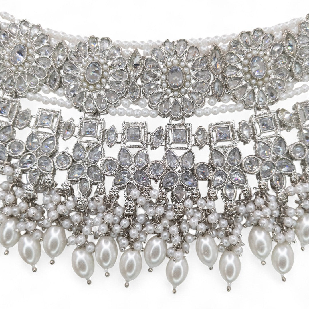 Polki Choker Halskette mit Ohrringe & Tikka - Silber |  Braut