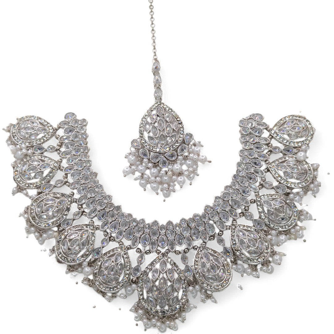 Polki Choker Halskette  & Halskette mit Ohrringe , Tikka - silber | Braut