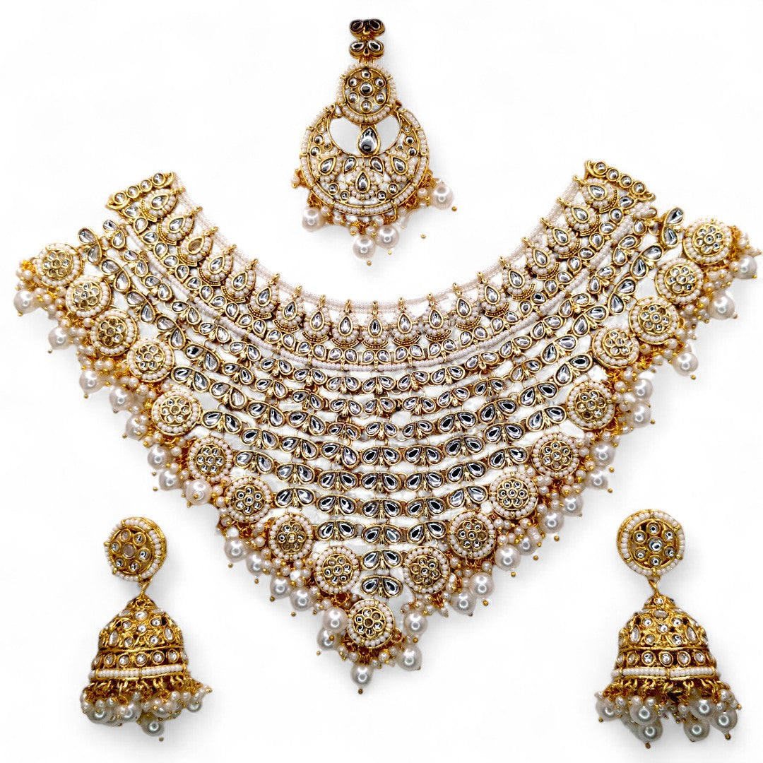 Kundan Halskette mit Ohrringe & Tikka - gold