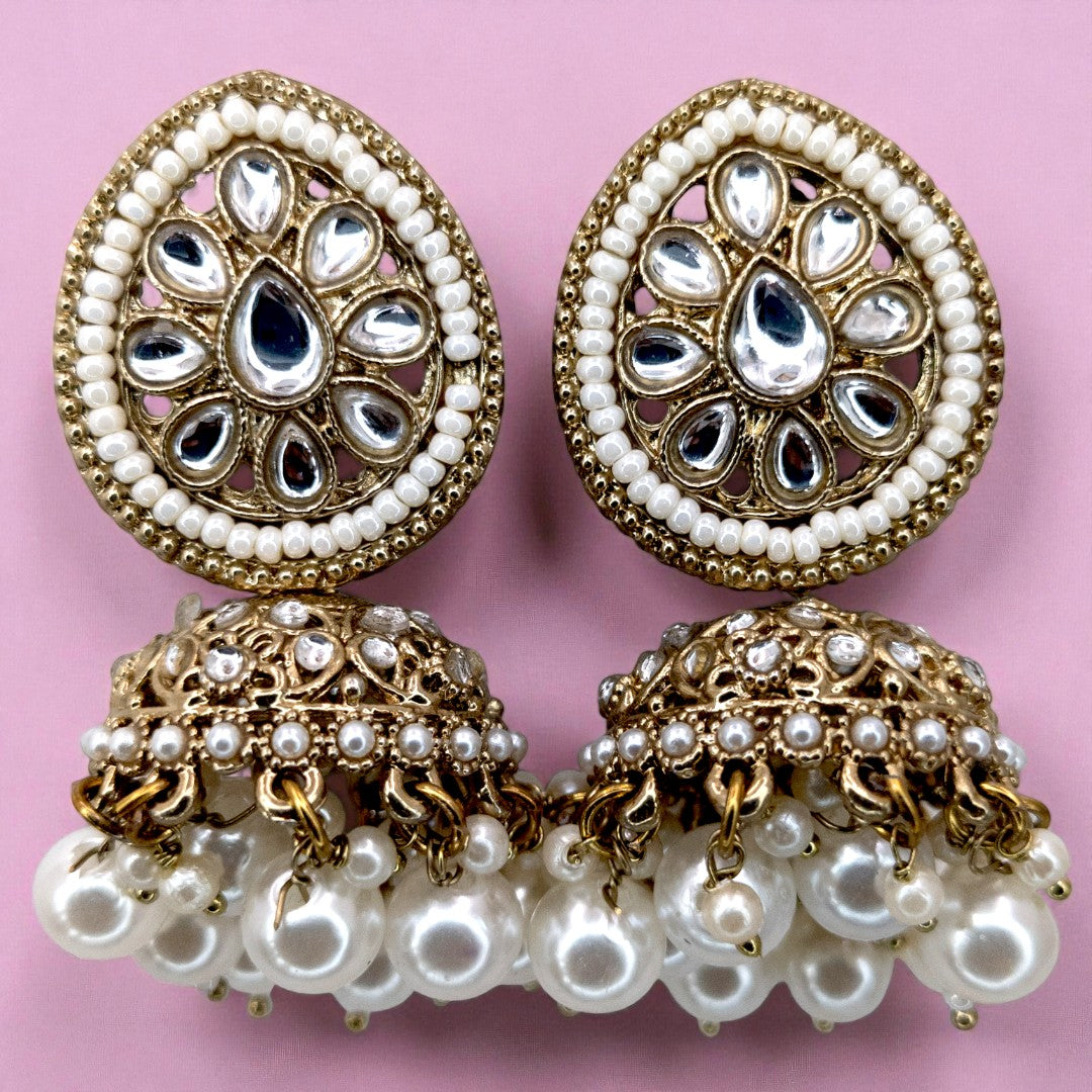 Kundan Choker Halskette mit Ohrringe & Tikka - gold | weiß