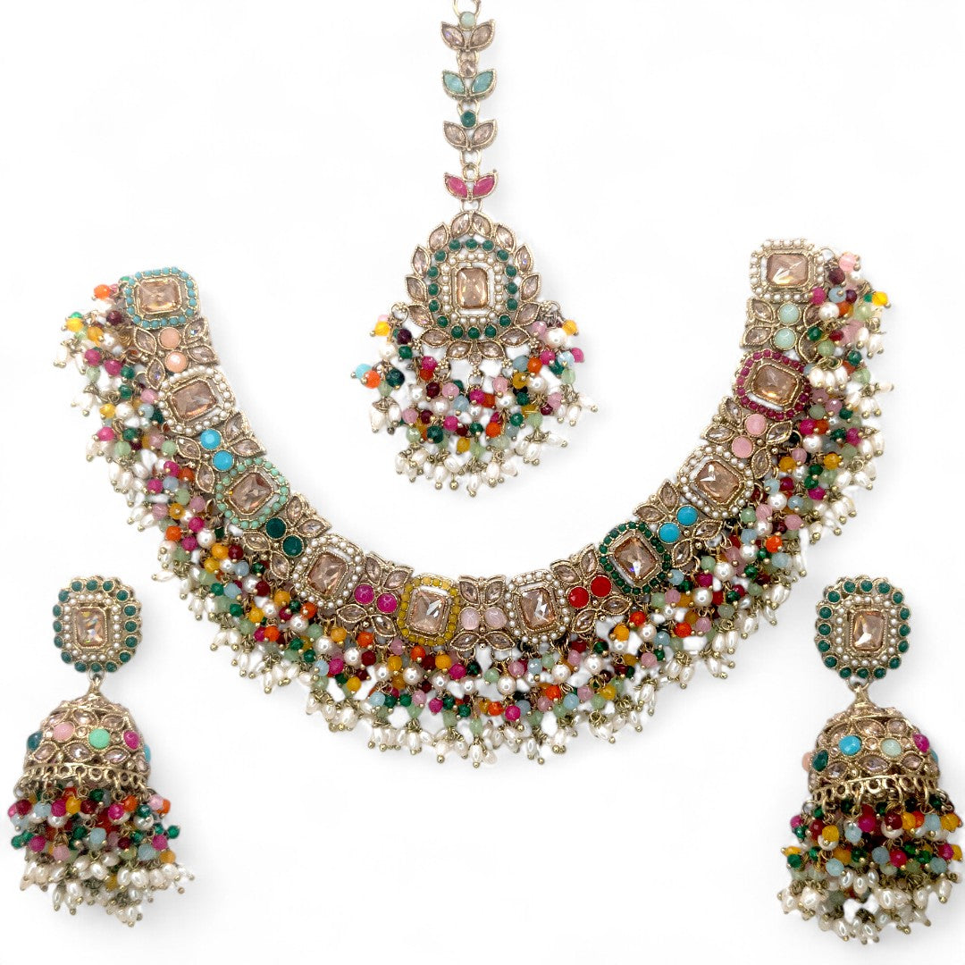 Polki Halskette mit Ohrringe & Tikka - Multi color