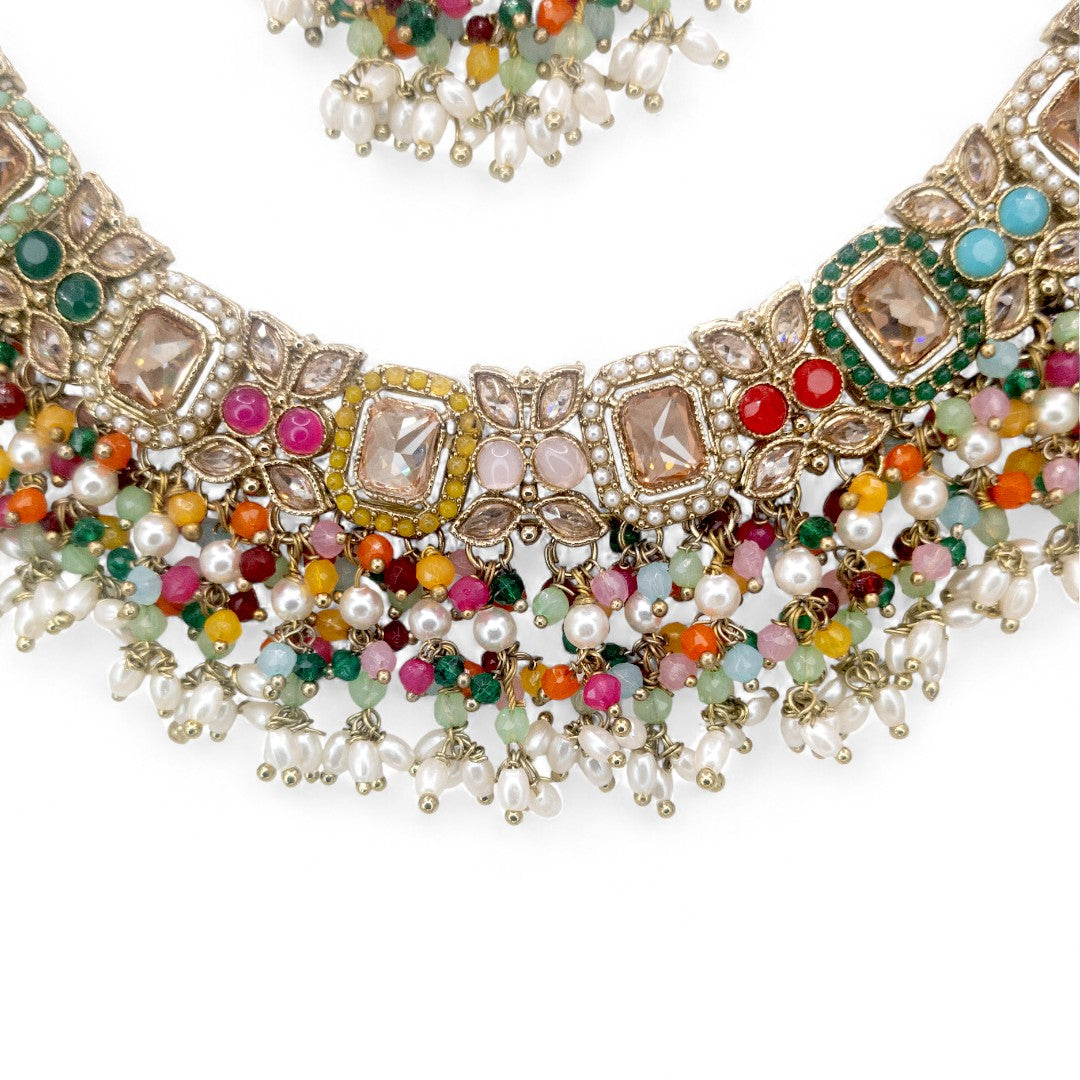 Polki Halskette mit Ohrringe & Tikka - Multi color