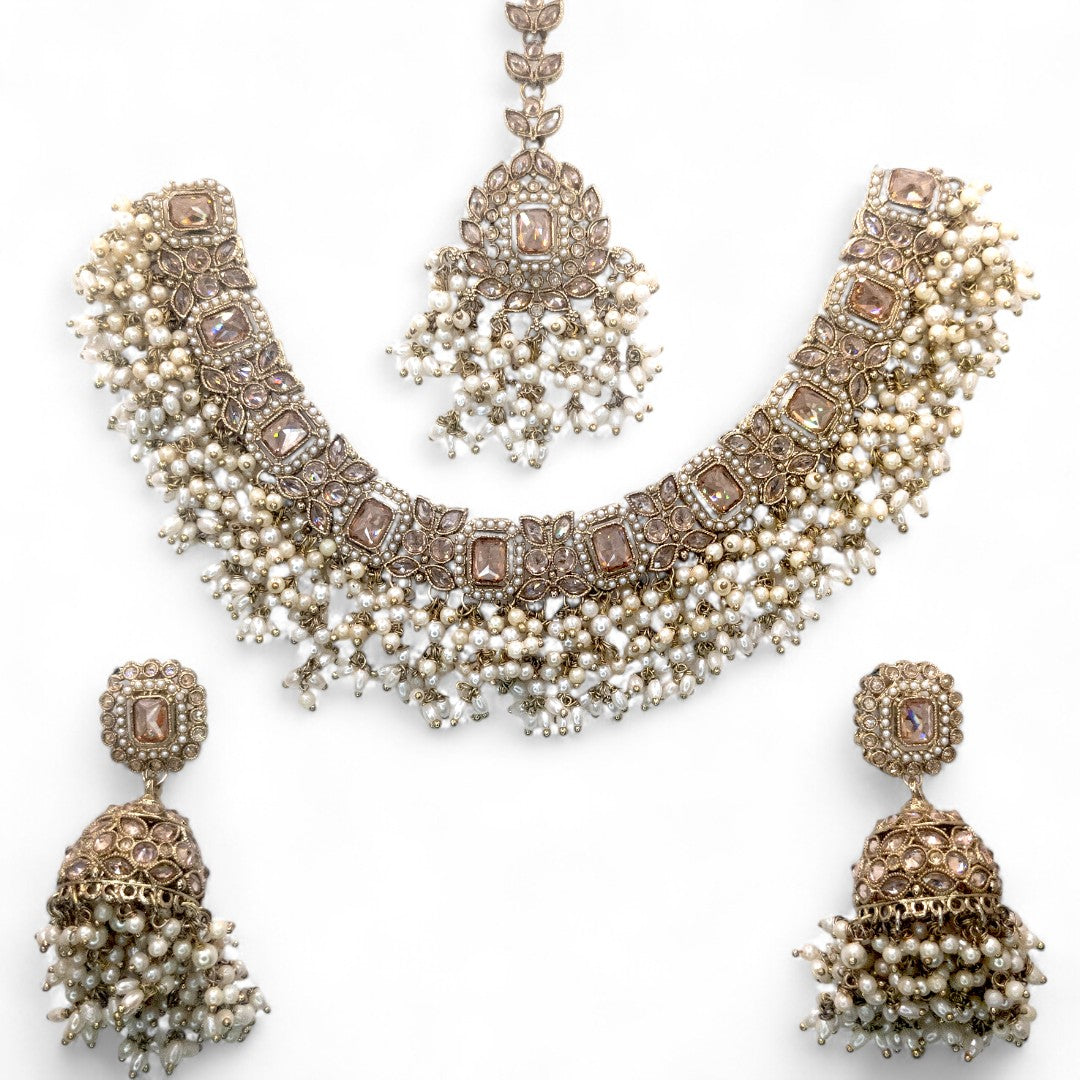 Polki Halskette mit Ohrringe & Tikka - gold