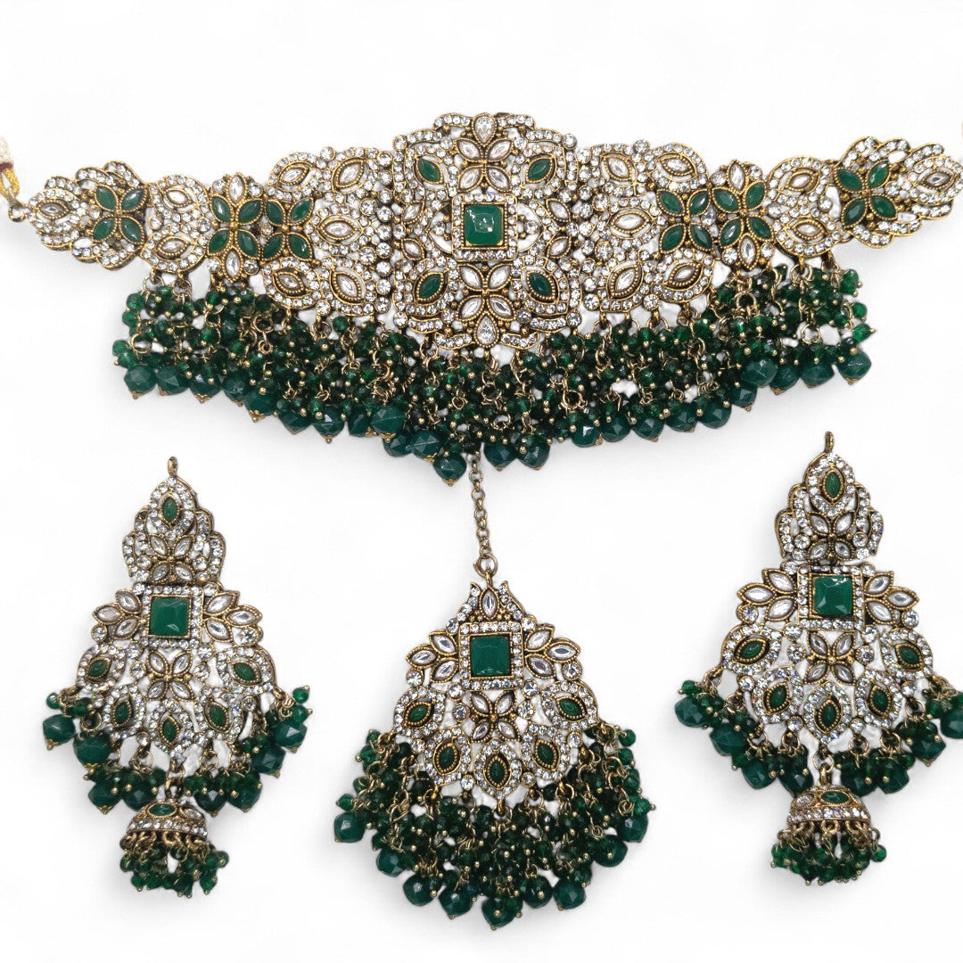 Polki Choker Halskette | mit Ohrringe & Tikka | gold ,grün