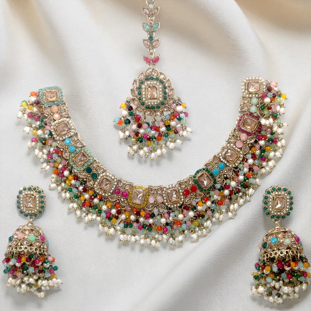 Polki Halskette mit Ohrringe & Tikka - Multi color