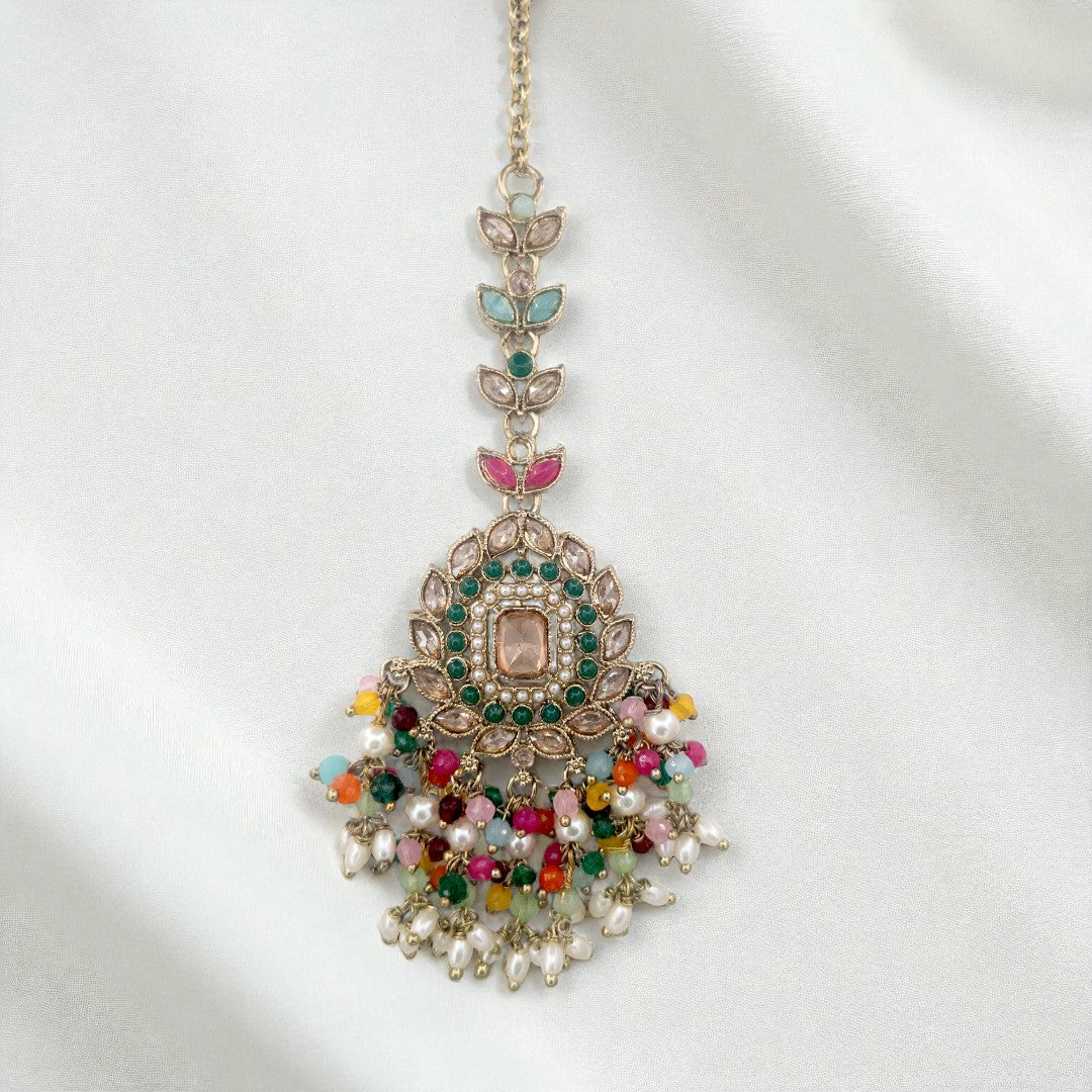 Polki Halskette mit Ohrringe & Tikka - Multi color