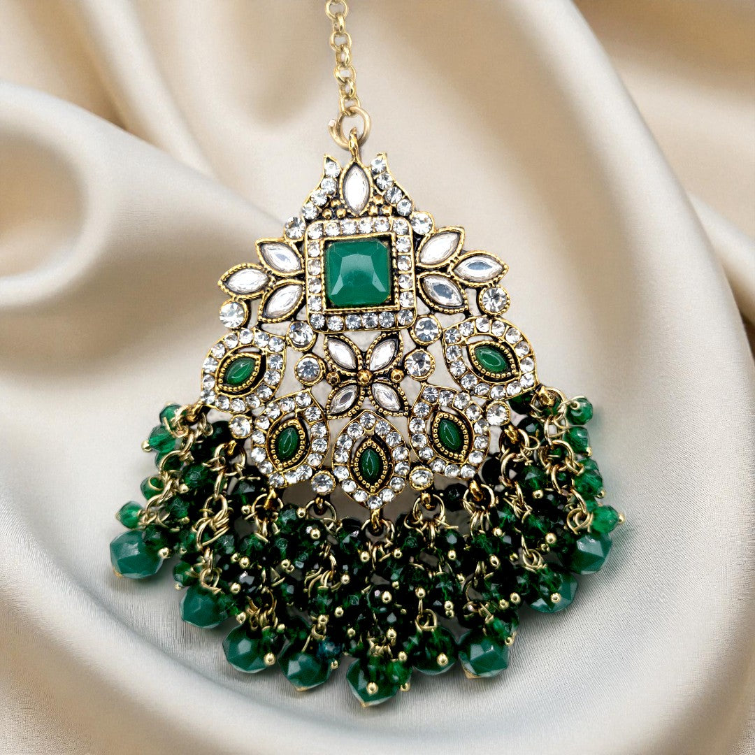 Polki Choker Halskette | mit Ohrringe & Tikka | gold ,grün