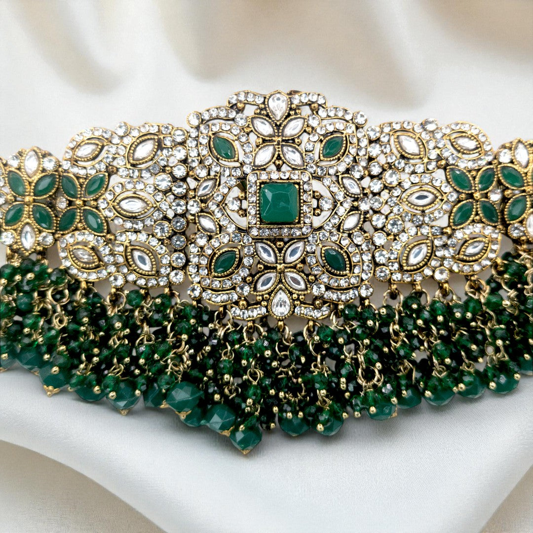 Polki Choker Halskette | mit Ohrringe & Tikka | gold ,grün